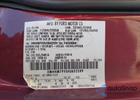 2004 Mercury Marauder from USA, damaged, VIN 2MHHM79VX4X652289